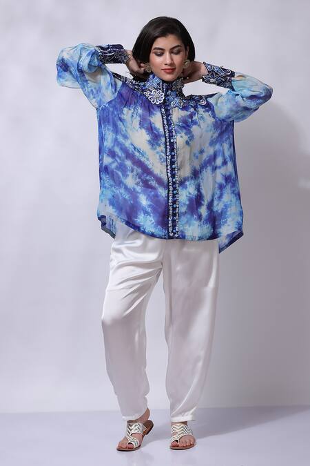 Shop_Sonali Gupta_Blue Silk Hand Embroidered Top And Pant Set _Online_at_Aza_Fashions