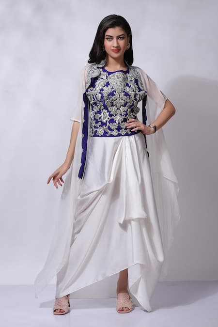 Sonali Gupta_Blue Silk Embroidered Asymmetric Cape Skirt Set _Online_at_Aza_Fashions