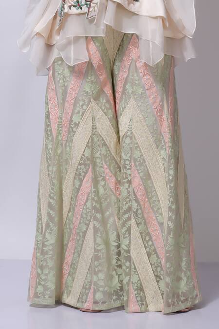 Sonali Gupta_Ivory Silk Floral Embroidered Jacket Pant Set _Online_at_Aza_Fashions