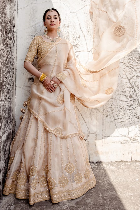 Shop_Surbhi Shah_Beige Pure Satin Organza Embroidered Thread Blossom Bridal Lehenga Set _Online_at_Aza_Fashions