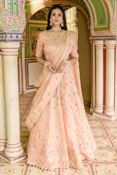 Surbhi Shah Peach Pure Satin Organza Embroidered Floral Gota Embellished Bridal Lehenga Set 