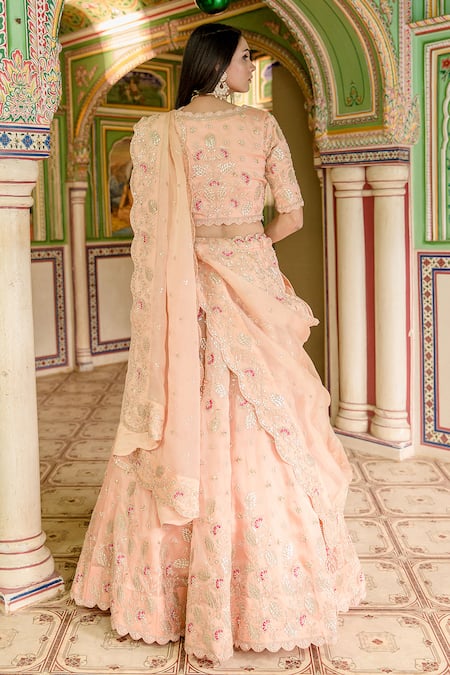 Surbhi Shah_Peach Pure Satin Organza Embroidered Floral Gota Embellished Bridal Lehenga Set _Online_at_Aza_Fashions