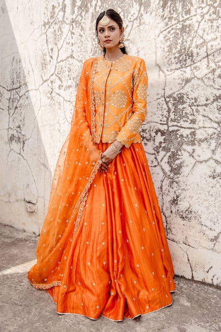 Surbhi Shah Orange Marori Embroidered Jacket Lehenga Set