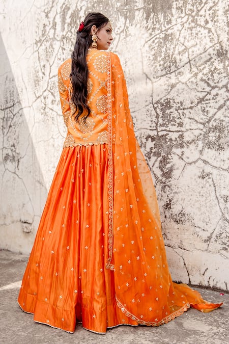 Shop_Surbhi Shah_Orange Lehenga And Jacket Pure Spun Silk Embroidered Thread Marori Set _at_Aza_Fashions