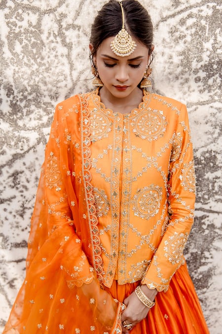 Surbhi Shah_Orange Lehenga And Jacket Pure Spun Silk Embroidered Thread Marori Set _Online_at_Aza_Fashions
