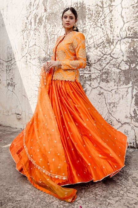 Buy_Surbhi Shah_Orange Lehenga And Jacket Pure Spun Silk Embroidered Thread Marori Set _Online_at_Aza_Fashions