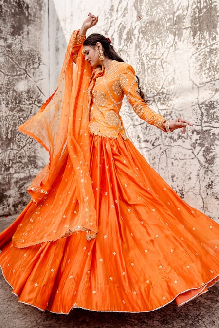 Shop_Surbhi Shah_Orange Lehenga And Jacket Pure Spun Silk Embroidered Thread Marori Set _Online_at_Aza_Fashions