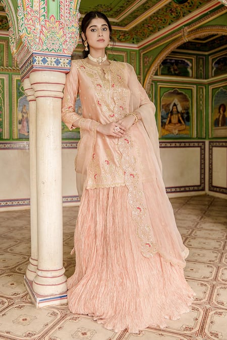 Surbhi Shah Peach Lehenga And Kurta Pure Spun Silk Embroidered Gota Floral Embellished Set 