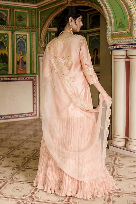Surbhi Shah Peach Lehenga And Kurta Pure Spun Silk Embroidered Gota Floral Embellished Set Online at Aza Fashions Surbhi Shah_Peach Lehenga And Kurta Pure Spun Silk Embroidered Gota Floral Embellished Set _Online_at_Aza_Fashions