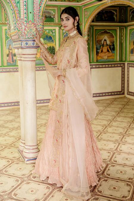 Buy Surbhi Shah Peach Lehenga And Kurta Pure Spun Silk Embroidered Gota Floral Embellished Set Online at Aza Fashions Buy_Surbhi Shah_Peach Lehenga And Kurta Pure Spun Silk Embroidered Gota Floral Embellished Set _Online_at_Aza_Fashions
