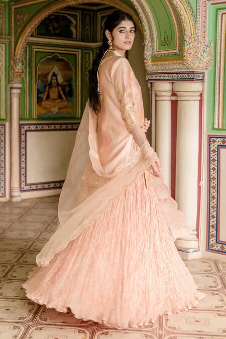 Shop Surbhi Shah Peach Lehenga And Kurta Pure Spun Silk Embroidered Gota Floral Embellished Set Online at Aza Fashions Shop_Surbhi Shah_Peach Lehenga And Kurta Pure Spun Silk Embroidered Gota Floral Embellished Set _Online_at_Aza_Fashions