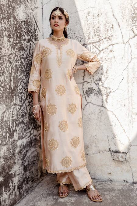 Shop Surbhi Shah Beige Pearl Embellished Kurta Pant Set Online at Aza Fashions Shop_Surbhi Shah_Beige Pearl Embellished Kurta Pant Set _Online_at_Aza_Fashions