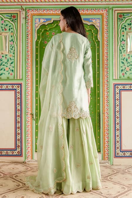 Surbhi Shah Green Pant And Kurta Pure Spun Blossom Gota Embellished Sharara Set Online at Aza Fashions Surbhi Shah_Green Pant And Kurta Pure Spun Blossom Gota Embellished Sharara Set _Online_at_Aza_Fashions