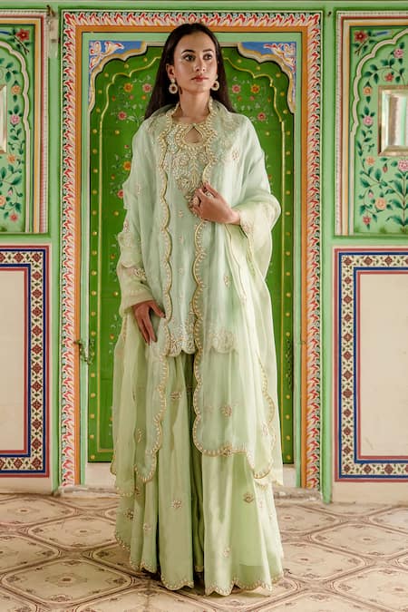 Buy Surbhi Shah Green Pant And Kurta Pure Spun Blossom Gota Embellished Sharara Set Online at Aza Fashions Buy_Surbhi Shah_Green Pant And Kurta Pure Spun Blossom Gota Embellished Sharara Set _Online_at_Aza_Fashions