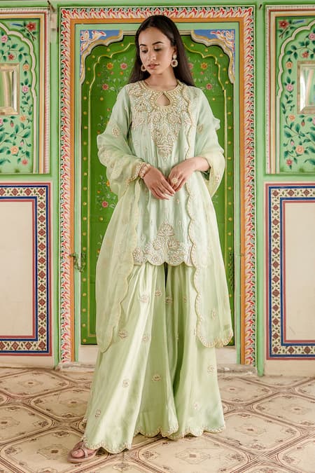 Shop Surbhi Shah Green Pant And Kurta Pure Spun Blossom Gota Embellished Sharara Set Online at Aza Fashions Shop_Surbhi Shah_Green Pant And Kurta Pure Spun Blossom Gota Embellished Sharara Set _Online_at_Aza_Fashions