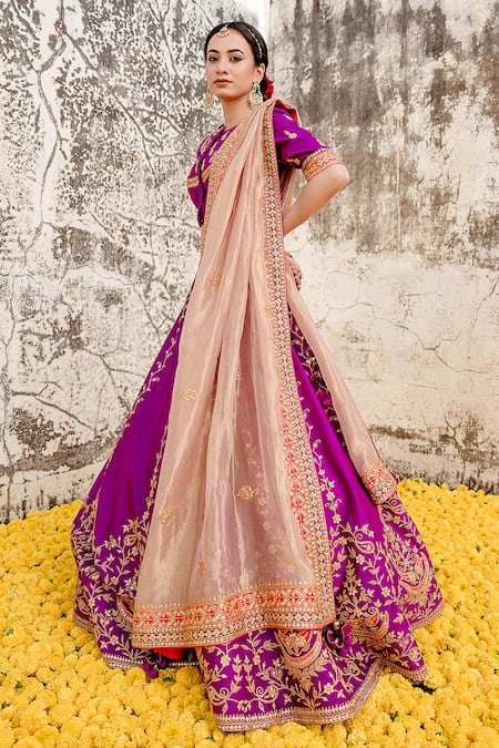 Beautiful magenta pink cotton silk lehenga with floral banarasi patchw –  Sujatra