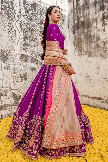 Shop_Surbhi Shah_Magenta Lehenga And Blouse Pure Spun Silk Embroidered Paisley Marori Bridal Set _Online_at_Aza_Fashions