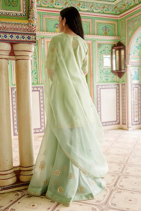Shop Surbhi Shah Green Pure Spun Silk Embroidered Danka Round Kurta Sharara Set at Aza Fashions Shop_Surbhi Shah_Green Pure Spun Silk Embroidered Danka Round Kurta Sharara Set _at_Aza_Fashions