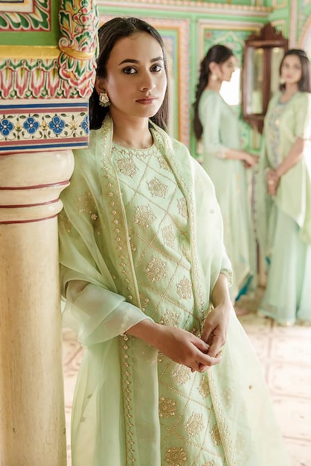Surbhi Shah Green Pure Spun Silk Embroidered Danka Round Kurta Sharara Set Online at Aza Fashions Surbhi Shah_Green Pure Spun Silk Embroidered Danka Round Kurta Sharara Set _Online_at_Aza_Fashions