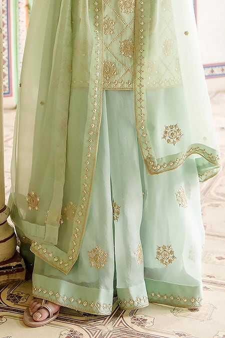 Buy Surbhi Shah Green Pure Spun Silk Embroidered Danka Round Kurta Sharara Set Online at Aza Fashions Buy_Surbhi Shah_Green Pure Spun Silk Embroidered Danka Round Kurta Sharara Set _Online_at_Aza_Fashions