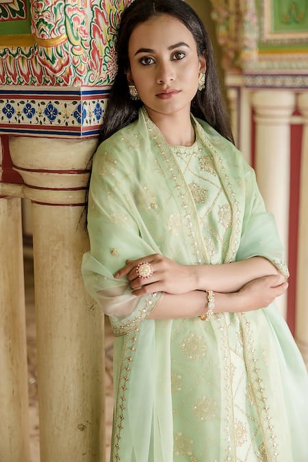 Shop Surbhi Shah Green Pure Spun Silk Embroidered Danka Round Kurta Sharara Set Online at Aza Fashions Shop_Surbhi Shah_Green Pure Spun Silk Embroidered Danka Round Kurta Sharara Set _Online_at_Aza_Fashions
