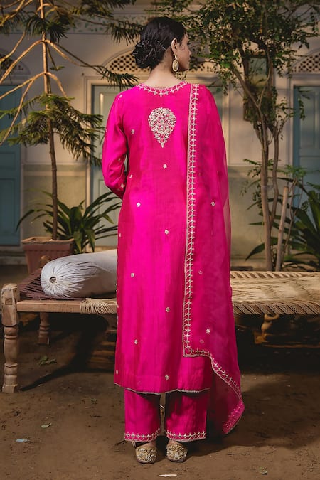 Shop Surbhi Shah Pink Pure Spun Silk Hand Embroidered Kurta Pant Set at Aza Fashions Shop_Surbhi Shah_Pink Pure Spun Silk Hand Embroidered Kurta Pant Set _at_Aza_Fashions