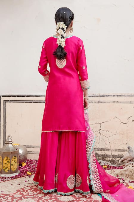 Surbhi Shah Pink Pure Spun Silk Embroidered Resham Round Marodi Kurta Gharara Set Online at Aza Fashions Surbhi Shah_Pink Pure Spun Silk Embroidered Resham Round Marodi Kurta Gharara Set _Online_at_Aza_Fashions