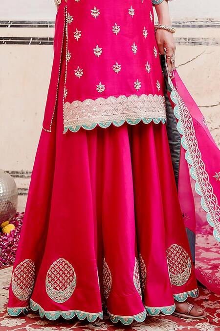 Buy Surbhi Shah Pink Pure Spun Silk Embroidered Resham Round Marodi Kurta Gharara Set Online at Aza Fashions Buy_Surbhi Shah_Pink Pure Spun Silk Embroidered Resham Round Marodi Kurta Gharara Set _Online_at_Aza_Fashions