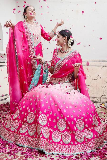 Shop Surbhi Shah Pink Pure Spun Silk Embroidered Resham Round Marodi Kurta Gharara Set Online at Aza Fashions Shop_Surbhi Shah_Pink Pure Spun Silk Embroidered Resham Round Marodi Kurta Gharara Set _Online_at_Aza_Fashions