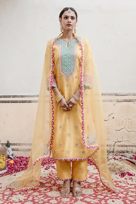 Surbhi Shah Yellow Pure Silk Embroidered Resham Round Scalloped Kurta Pant Set  