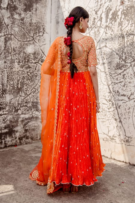 Shop Surbhi Shah Orange Pure Silk Marodi Embroidered Anarkali Pant Set at Aza Fashions Shop_Surbhi Shah_Orange Pure Silk Marodi Embroidered Anarkali Pant Set _at_Aza_Fashions