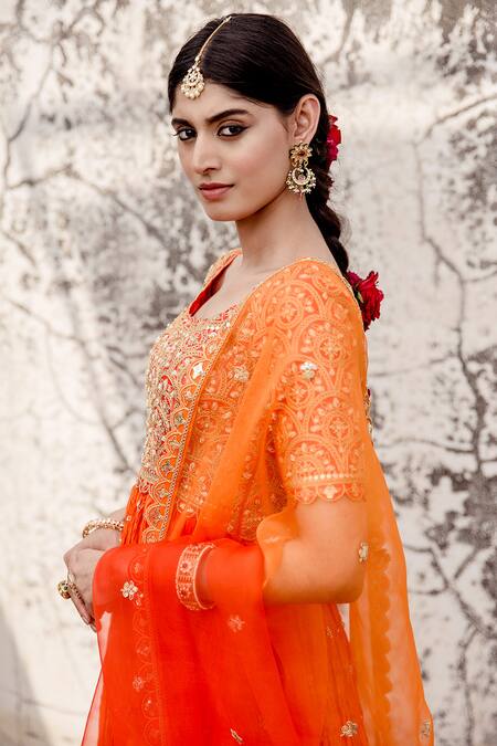 Surbhi Shah Orange Pure Silk Marodi Embroidered Anarkali Pant Set Online at Aza Fashions Surbhi Shah_Orange Pure Silk Marodi Embroidered Anarkali Pant Set _Online_at_Aza_Fashions