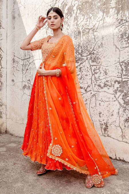 Buy Surbhi Shah Orange Pure Silk Marodi Embroidered Anarkali Pant Set Online at Aza Fashions Buy_Surbhi Shah_Orange Pure Silk Marodi Embroidered Anarkali Pant Set _Online_at_Aza_Fashions