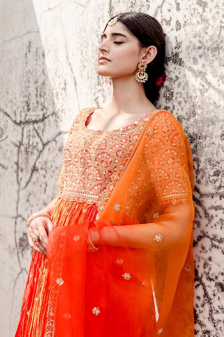 Shop Surbhi Shah Orange Pure Silk Marodi Embroidered Anarkali Pant Set Online at Aza Fashions Shop_Surbhi Shah_Orange Pure Silk Marodi Embroidered Anarkali Pant Set _Online_at_Aza_Fashions