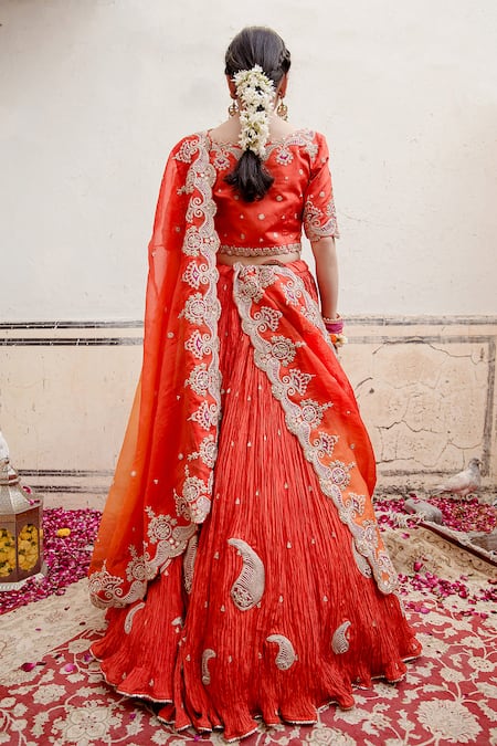 Surbhi Shah Orange Pure Silk Hand Embroidered Marodi And Applique Work Keyhole Lehenga Set Online at Aza Fashions Surbhi Shah_Orange Pure Silk Hand Embroidered Marodi And Applique Work Keyhole Lehenga Set _Online_at_Aza_Fashions