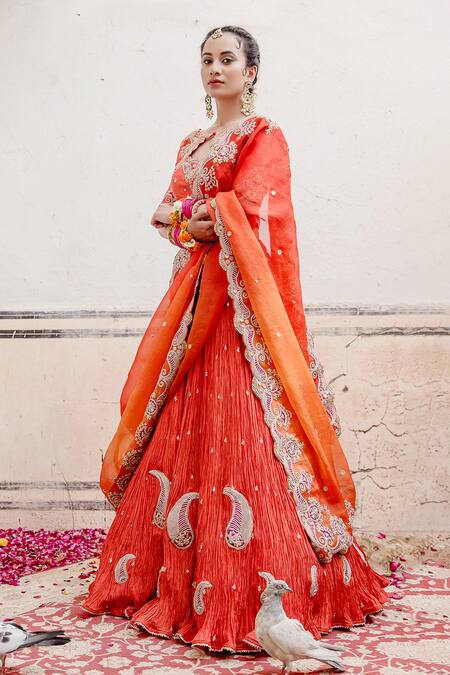 Buy Surbhi Shah Orange Pure Silk Hand Embroidered Marodi And Applique Work Keyhole Lehenga Set Online at Aza Fashions Buy_Surbhi Shah_Orange Pure Silk Hand Embroidered Marodi And Applique Work Keyhole Lehenga Set _Online_at_Aza_Fashions