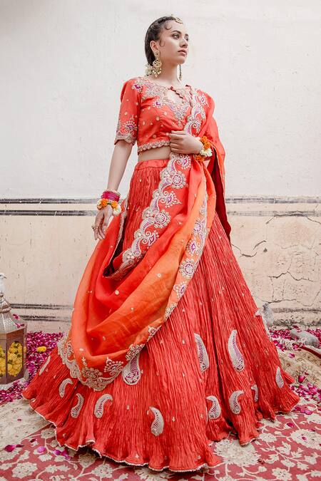 Shop Surbhi Shah Orange Pure Silk Hand Embroidered Marodi And Applique Work Keyhole Lehenga Set Online at Aza Fashions Shop_Surbhi Shah_Orange Pure Silk Hand Embroidered Marodi And Applique Work Keyhole Lehenga Set _Online_at_Aza_Fashions