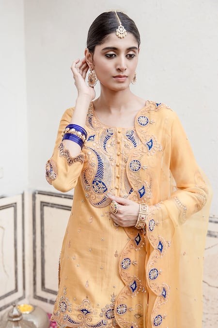 Buy_Surbhi Shah_Yellow Pure Spun Silk Hand Embroidered Marodi And Kurta Sharara Set  _Online_at_Aza_Fashions