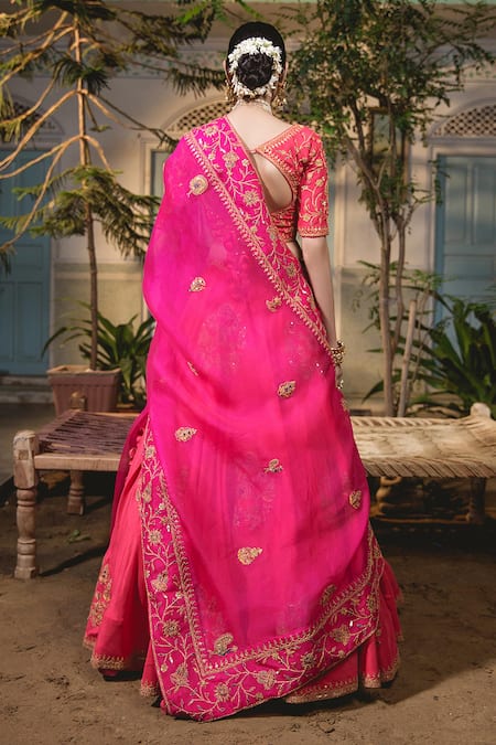 Shop Surbhi Shah Red Silk, Organza Embroidery, Tassels Round Neck Marodi Bridal Lehenga Set at Aza Fashions Shop_Surbhi Shah_Red Silk, Organza Embroidery, Tassels Round Neck Marodi Bridal Lehenga Set _at_Aza_Fashions