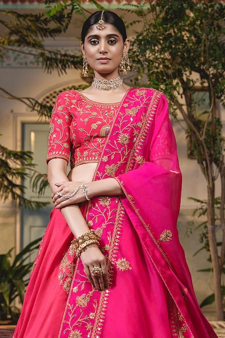 Surbhi Shah Red Silk, Organza Embroidery, Tassels Round Neck Marodi Bridal Lehenga Set Online at Aza Fashions Surbhi Shah_Red Silk, Organza Embroidery, Tassels Round Neck Marodi Bridal Lehenga Set _Online_at_Aza_Fashions