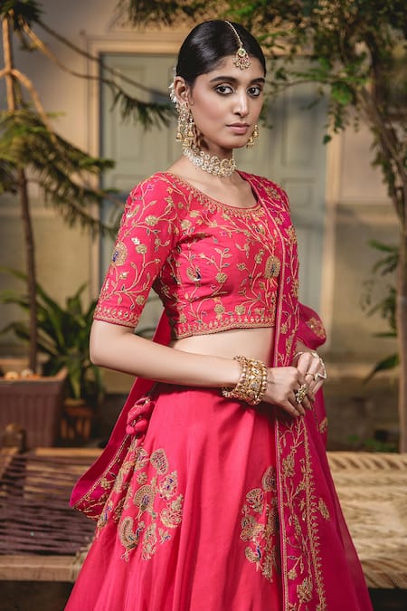 Buy Surbhi Shah Red Silk, Organza Embroidery, Tassels Round Neck Marodi Bridal Lehenga Set Online at Aza Fashions Buy_Surbhi Shah_Red Silk, Organza Embroidery, Tassels Round Neck Marodi Bridal Lehenga Set _Online_at_Aza_Fashions