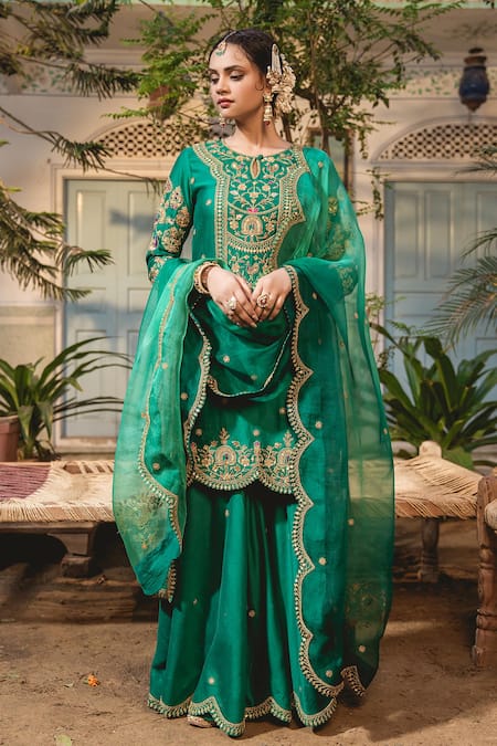 Surbhi Shah Emerald Green Pure Spun Silk Hand Embroidered Marodi And Resham Kurta Sharara Set 