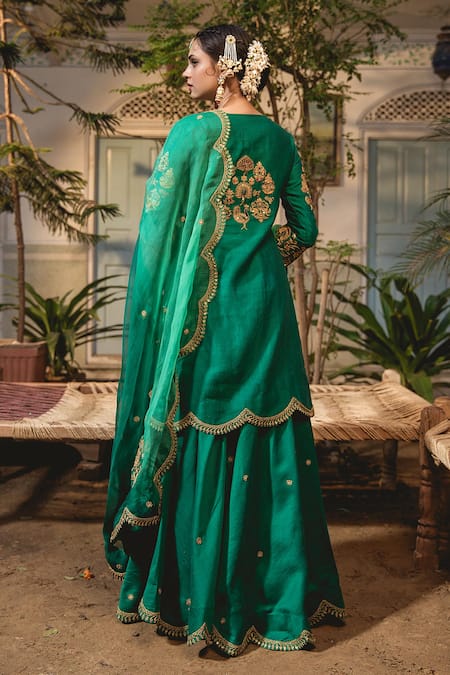 Shop Surbhi Shah Emerald Green Silk, Organza Embroidery, Cut Work Marodi Kurta Sharara Set at Aza Fashions Shop_Surbhi Shah_Emerald Green Silk, Organza Embroidery, Cut Work Marodi Kurta Sharara Set _at_Aza_Fashions