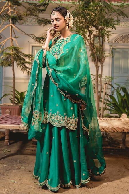 Surbhi Shah Emerald Green Silk, Organza Embroidery, Cut Work Marodi Kurta Sharara Set Online at Aza Fashions Surbhi Shah_Emerald Green Silk, Organza Embroidery, Cut Work Marodi Kurta Sharara Set _Online_at_Aza_Fashions