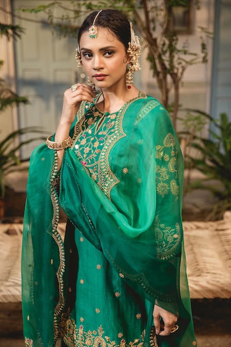 Buy Surbhi Shah Emerald Green Silk, Organza Embroidery, Cut Work Marodi Kurta Sharara Set Online at Aza Fashions Buy_Surbhi Shah_Emerald Green Silk, Organza Embroidery, Cut Work Marodi Kurta Sharara Set _Online_at_Aza_Fashions