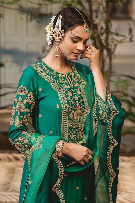 Shop Surbhi Shah Emerald Green Silk, Organza Embroidery, Cut Work Marodi Kurta Sharara Set Online at Aza Fashions Shop_Surbhi Shah_Emerald Green Silk, Organza Embroidery, Cut Work Marodi Kurta Sharara Set _Online_at_Aza_Fashions