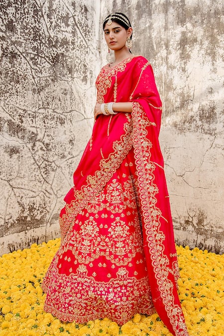 Bride In Red Lehenga With Beautiful Embroidered Double Dupatta - Shaadiwish