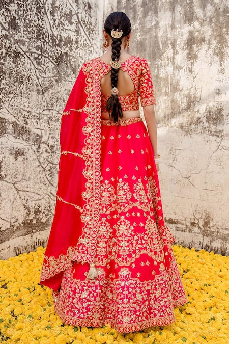 Shop_Surbhi Shah_Red Silk, Organza Embroidery, Tassels V-neck Marodi Bridal Lehenga Set _at_Aza_Fashions