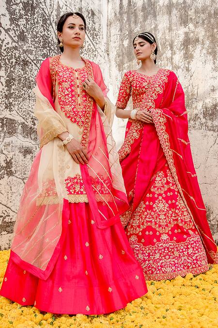 Surbhi Shah_Red Silk, Organza Embroidery, Tassels V-neck Marodi Bridal Lehenga Set _Online_at_Aza_Fashions