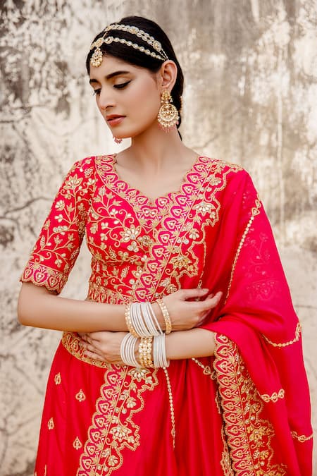Buy_Surbhi Shah_Red Silk, Organza Embroidery, Tassels V-neck Marodi Bridal Lehenga Set _Online_at_Aza_Fashions